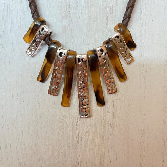 Brown Braided Necklace With Amber & Silver-Toned Pendants Adjustable Length - Picture 2 of 5